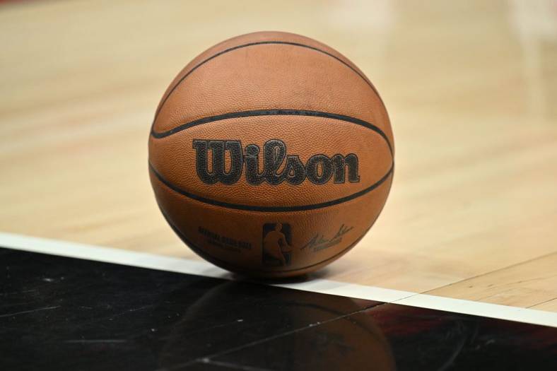 Nov 8, 2023; Chicago, Illinois, USA;  A general view of a basketball on floor during an NBA game between the Phoenix Suns and the Chicago Bulls at United Center. Mandatory Credit: Jamie Sabau-USA TODAY Sports