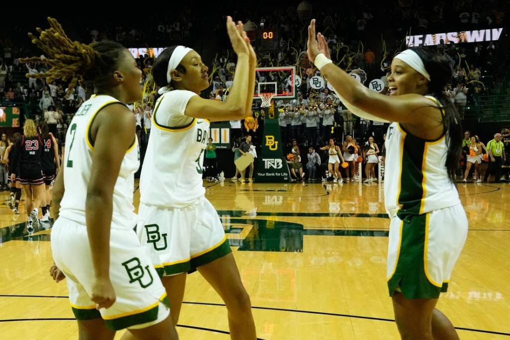 Nov 14, 2023; Waco, Texas, USA; Baylor Lady Bears guard Sarah Andrews (24) guard Darianna Littlepage-Buggs (5) and guard Yaya Felder (2) celebrate after defeating the Utah Utes at Ferrell Center. Mandatory Credit: Chris Jones-USA TODAY Sports