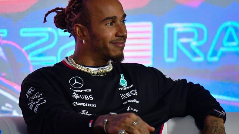 Nov 15, 2023; Las Vegas, Nevada, USA; Mercedes AMG Petronas driver Lewis Hamilton of Great Britain during media availabilities at Las Vegas Strip Circuit. Mandatory Credit: Gary A. Vasquez-USA TODAY Sports