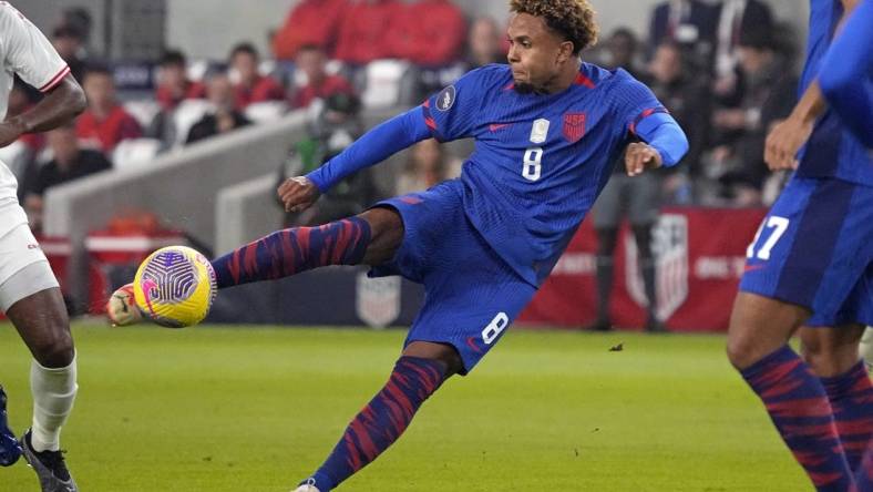 Nov 16, 2023; Austin, Texas, USA; U.S. Men's National team midfielder Weston McKennie (8) shoots on goal during the first half against Trinidad and Tobago in the Concacaf Quarterfinal at Q2 Stadium. Mandatory Credit: Scott Wachter-USA TODAY Sports