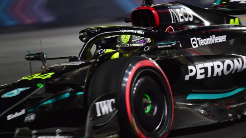 Nov 16, 2023; Las Vegas, Nevada, USA; Mercedes AMG Petronas driver Lewis Hamilton of Great Britain (44) during free practice at Las Vegas Strip Circuit. Mandatory Credit: Gary A. Vasquez-USA TODAY Sports