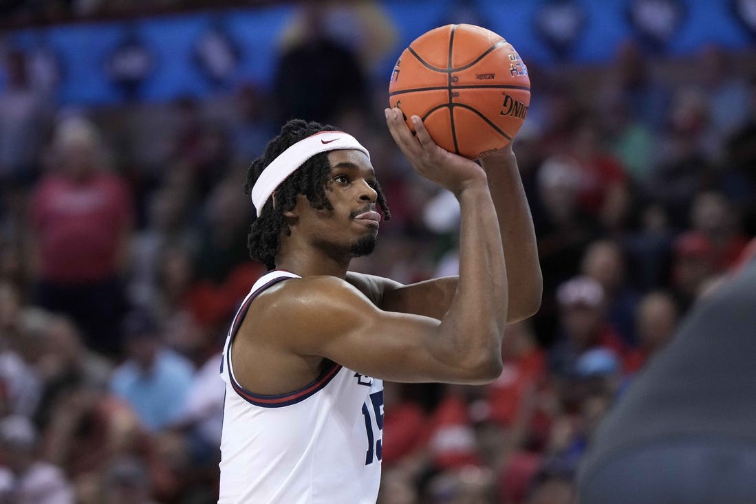 Nov 17, 2023; Charleston, SC, USA; Dayton Flyers forward DaRon Holmes II (15) shoots a foul shot in the second half against the St. John's Red Storm at TD Arena. Mandatory Credit: David Yeazell-USA TODAY Sports