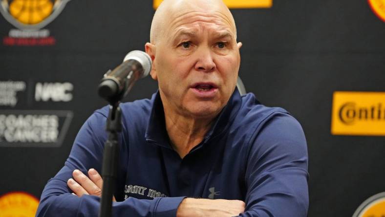 Nov 17, 2023; Las Vegas, NV, USA; Saint Mary's Gaels coach Randy Bennett answers questions after the San Diego State Aztecs defeated the Gaels 79-54 at T-Mobile Arena. Mandatory Credit: Stephen R. Sylvanie-USA TODAY Sports