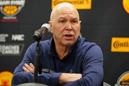 Nov 17, 2023; Las Vegas, NV, USA; Saint Mary's Gaels coach Randy Bennett answers questions after the San Diego State Aztecs defeated the Gaels 79-54 at T-Mobile Arena. Mandatory Credit: Stephen R. Sylvanie-USA TODAY Sports