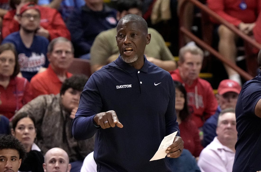 Nov 19, 2023; Charleston, SC, USA; Dayton Flyers head coach Anthony Grant talks to his players in the first half against the Houston Cougars at TD Arena. Mandatory Credit: David Yeazell-USA TODAY Sports