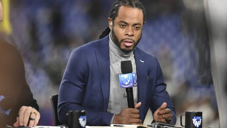 Nov 16, 2023; Baltimore, Maryland, USA;  Richard Sherman, Thursday Night Football analyst, on set before the game between the Baltimore Ravens and the Cincinnati Bengals at M&T Bank Stadium. Mandatory Credit: Tommy Gilligan-USA TODAY Sports