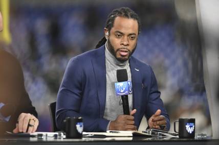 Nov 16, 2023; Baltimore, Maryland, USA;  Richard Sherman, Thursday Night Football analyst, on set before the game between the Baltimore Ravens and the Cincinnati Bengals at M&T Bank Stadium. Mandatory Credit: Tommy Gilligan-USA TODAY Sports