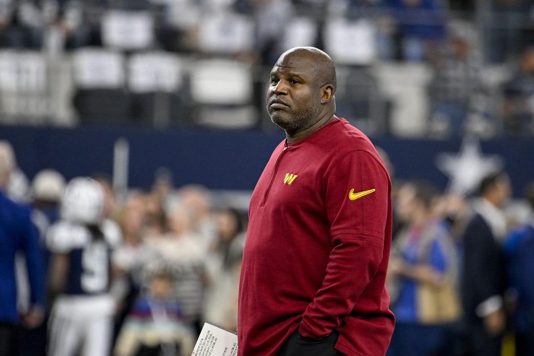 Nov 23, 2023; Arlington, Texas, USA; Washington Commanders offensive coordinator Eric Bieniemy before the game between the Dallas Cowboys and the Washington Commanders at AT&T Stadium. Mandatory Credit: Jerome Miron-USA TODAY Sports