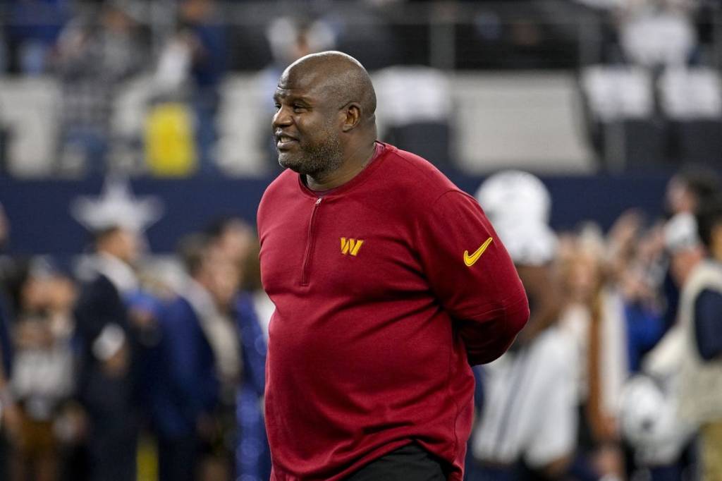 Nov 23, 2023; Arlington, Texas, USA; Washington Commanders offensive coordinator Eric Bieniemy before the game between the Dallas Cowboys and the Washington Commanders at AT&T Stadium. Mandatory Credit: Jerome Miron-USA TODAY Sports