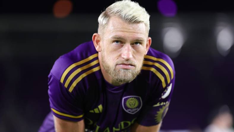 Nov 25, 2023; Orlando, Florida, USA; Orlando City defender Robin Jansson (6) reacts after defeat in extra time to Columbus Crew in a MLS Cup Eastern Conference Semifinal match at Exploria Stadium. Mandatory Credit: Nathan Ray Seebeck-USA TODAY Sports