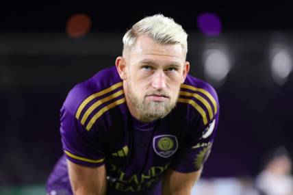 Nov 25, 2023; Orlando, Florida, USA; Orlando City defender Robin Jansson (6) reacts after defeat in extra time to Columbus Crew in a MLS Cup Eastern Conference Semifinal match at Exploria Stadium. Mandatory Credit: Nathan Ray Seebeck-USA TODAY Sports