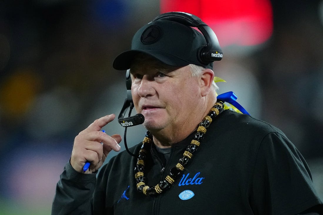 Nov 25, 2023; Pasadena, California, USA; UCLA Bruins head coach Chip Kelly watches from the sidelines in the fourth quarter against the California Golden Bears at Rose Bowl. Mandatory Credit: Kirby Lee-USA TODAY Sports