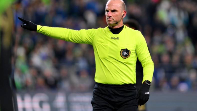 Nov 26, 2023; Seattle, Washington, USA; MLS referee Ted Unkel during the second half of a MLS Cup Western Conference Semifinal match between the Seattle Sounders and Los Angeles FC at Lumen Field. Mandatory Credit: Steven Bisig-USA TODAY Sports