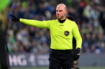Nov 26, 2023; Seattle, Washington, USA; MLS referee Ted Unkel during the second half of a MLS Cup Western Conference Semifinal match between the Seattle Sounders and Los Angeles FC at Lumen Field. Mandatory Credit: Steven Bisig-USA TODAY Sports