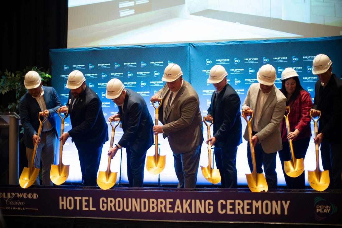 Nov 28, 2023; Columbus, Ohio, USA; PENN Entertainment, who owns Hollywood Casino Columbus, hosts a groundbreaking ceremony for a new hotel at Hollywood Casino. The hotel, with an estimated budget of approximately $100 million, will be attached to the existing property and will add hundreds of construction jobs and approximately 100 new permanent jobs upon opening. The hotel is expected to include 180 rooms, meeting space, an additional restaurant, and local partnerships and amenities