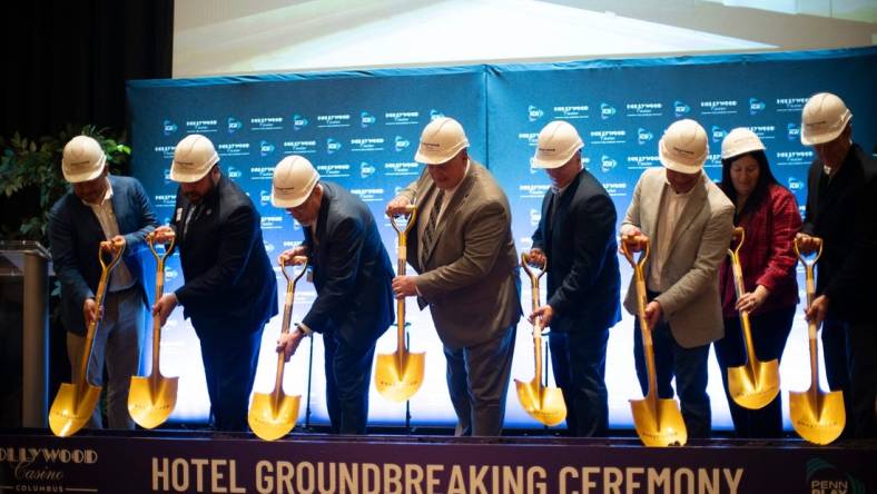 Nov 28, 2023; Columbus, Ohio, USA; PENN Entertainment, who owns Hollywood Casino Columbus, hosts a groundbreaking ceremony for a new hotel at Hollywood Casino. The hotel, with an estimated budget of approximately $100 million, will be attached to the existing property and will add hundreds of construction jobs and approximately 100 new permanent jobs upon opening. The hotel is expected to include 180 rooms, meeting space, an additional restaurant, and local partnerships and amenities