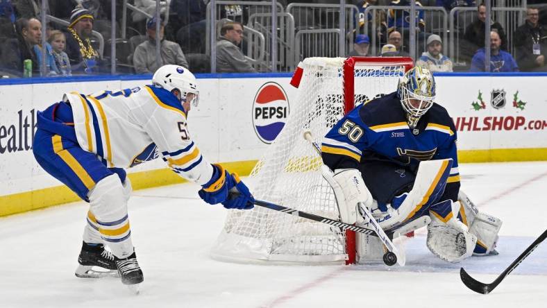 Nov 30, 2023; St. Louis, Missouri, USA;  St. Louis Blues goaltender Jordan Binnington (50) defends the net against Buffalo Sabres left wing Jeff Skinner (53) during the third period at Enterprise Center. Mandatory Credit: Jeff Curry-USA TODAY Sports