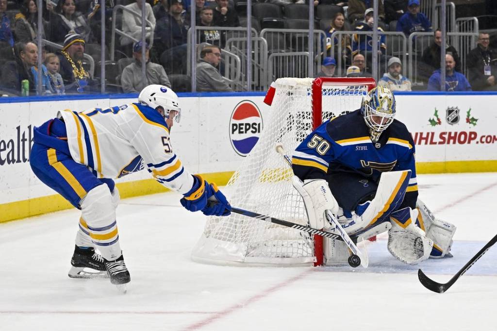 Nov 30, 2023; St. Louis, Missouri, USA;  St. Louis Blues goaltender Jordan Binnington (50) defends the net against Buffalo Sabres left wing Jeff Skinner (53) during the third period at Enterprise Center. Mandatory Credit: Jeff Curry-USA TODAY Sports