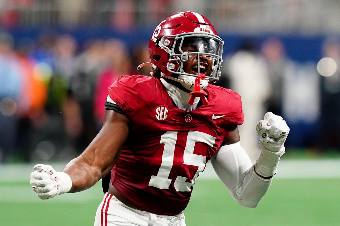 Alabama Crimson Tide linebacker Dallas Turner (15) celebrates after a sack in the second quarter against the Georgia Bulldogs in the SEC Championship at Mercedes-Benz Stadium. Mandatory Credit: John David Mercer-USA TODAY Sports