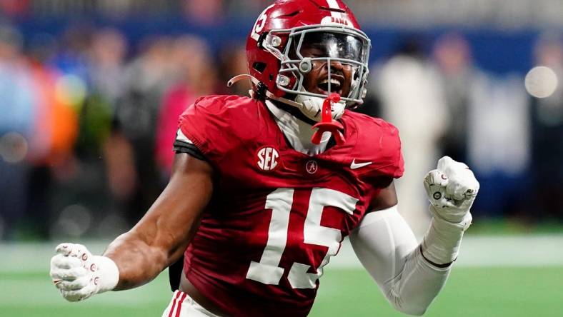 Alabama Crimson Tide linebacker Dallas Turner (15) celebrates after a sack in the second quarter against the Georgia Bulldogs in the SEC Championship at Mercedes-Benz Stadium. Mandatory Credit: John David Mercer-USA TODAY Sports