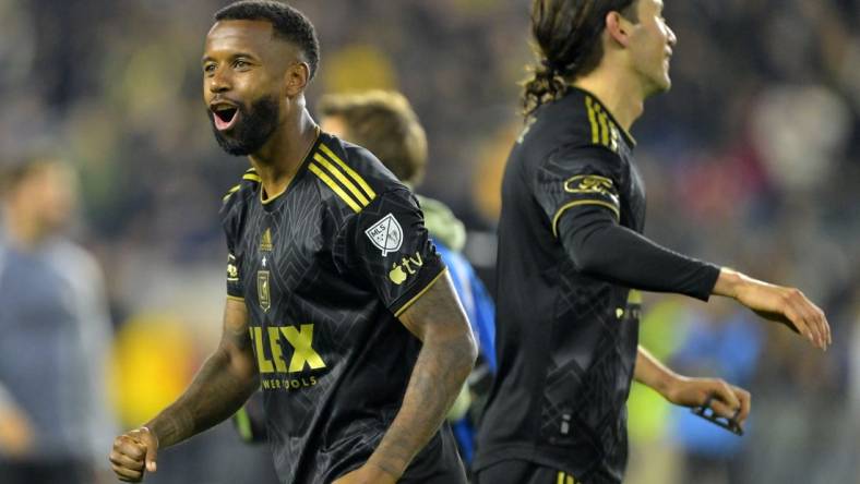 Dec 2, 2023; Los Angeles, California, USA; Los Angeles FC midfielder Kellyn Acosta (23) reacts after defeating the Houston Dynamo for the MLS Cup Western Conference Final at BMO Stadium. Mandatory Credit: Jayne Kamin-Oncea-USA TODAY Sports