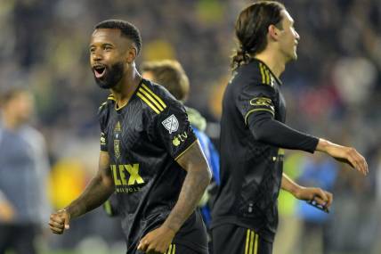 Dec 2, 2023; Los Angeles, California, USA; Los Angeles FC midfielder Kellyn Acosta (23) reacts after defeating the Houston Dynamo for the MLS Cup Western Conference Final at BMO Stadium. Mandatory Credit: Jayne Kamin-Oncea-USA TODAY Sports