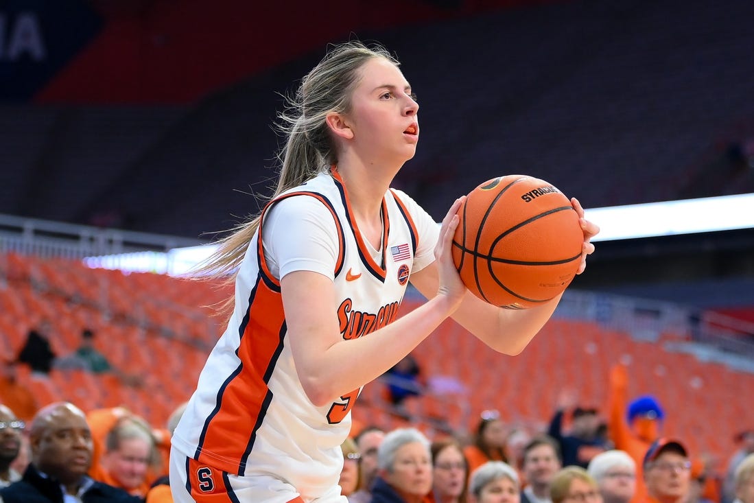 Nov 30, 2023; Syracuse, New York, USA; Syracuse Orange guard Georgia Woolley (5) shoots the ball against the Alabama Crimson Tide during the first half at the JMA Wireless Dome. Mandatory Credit: Rich Barnes-USA TODAY Sports