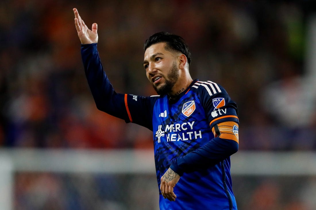 Nov 25, 2023; Cincinnati, Ohio, USA; FC Cincinnati midfielder Luciano Acosta (10) reacts after scoring a goal against the Columbus Crew in the first half in a MLS Cup Eastern Conference Semifinal match at TQL Stadium. Mandatory Credit: Katie Stratman-USA TODAY Sports