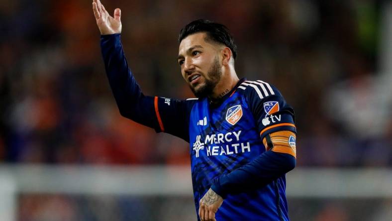 Nov 25, 2023; Cincinnati, Ohio, USA; FC Cincinnati midfielder Luciano Acosta (10) reacts after scoring a goal against the Columbus Crew in the first half in a MLS Cup Eastern Conference Semifinal match at TQL Stadium. Mandatory Credit: Katie Stratman-USA TODAY Sports