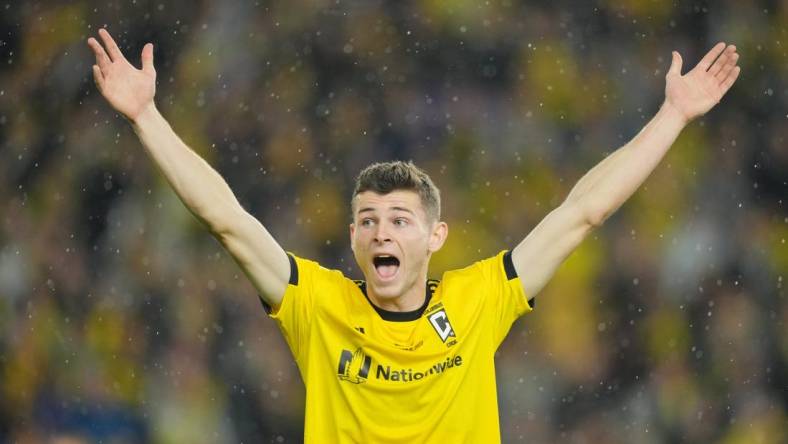 Dec 9, 2023; Columbus, OH, USA; Columbus Crew midfielder Sean Zawadzki (25) celebrates after winning the 2023 MLS Cup championship game against Los Angeles FC at Lower.com Field. Mandatory Credit: Aaron Doster-USA TODAY Sports