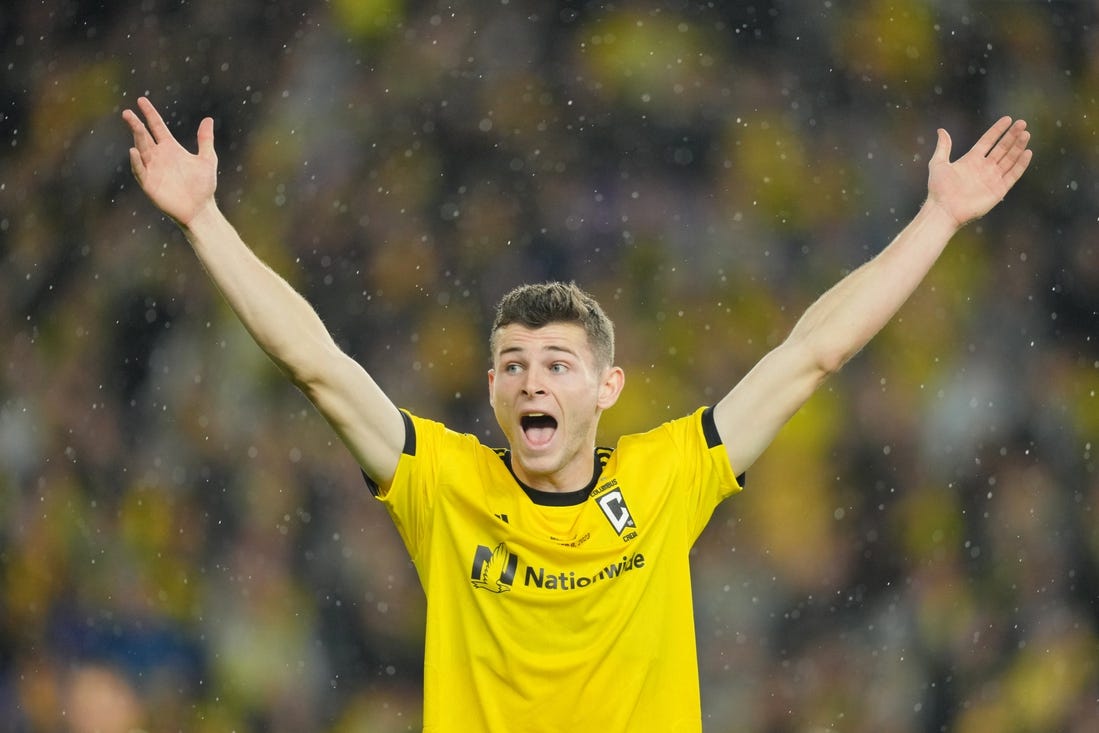 Dec 9, 2023; Columbus, OH, USA; Columbus Crew midfielder Sean Zawadzki (25) celebrates after winning the 2023 MLS Cup championship game against Los Angeles FC at Lower.com Field. Mandatory Credit: Aaron Doster-USA TODAY Sports