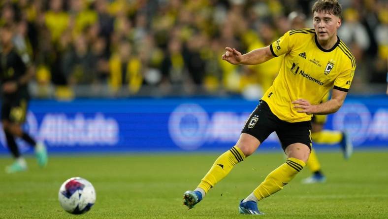 Dec 9, 2023; Columbus, OH, USA; Columbus Crew midfielder Aidan Morris (8) makes a pass during the MLS Cup final against Los Angeles FC at Lower.com Field.