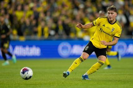 Dec 9, 2023; Columbus, OH, USA; Columbus Crew midfielder Aidan Morris (8) makes a pass during the MLS Cup final against Los Angeles FC at Lower.com Field.