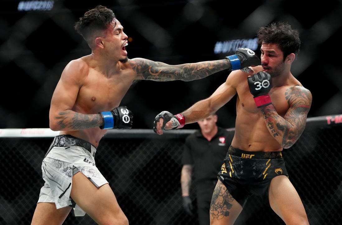 Dec 16, 2023; Las Vegas, Nevada, USA; Alexandre Pantoja (red gloves) fights Brandon Royval (blue gloves) during UFC 296 at T-Mobile Arena. Mandatory Credit: Stephen R. Sylvanie-USA TODAY Sports