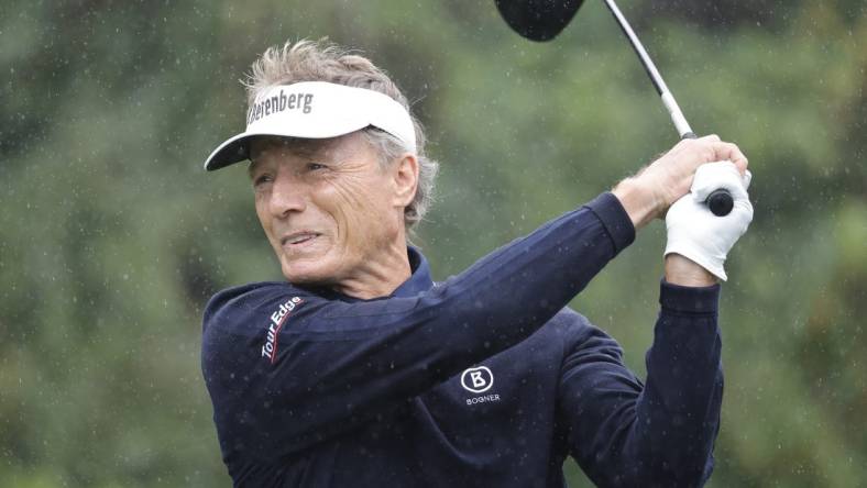 Dec 17, 2023; Orlando, Florida, USA;  Bernhard Langer plays his shot from the first tee during the PNC Championship at The Ritz-Carlton Golf Club. Mandatory Credit: Reinhold Matay-USA TODAY Sports