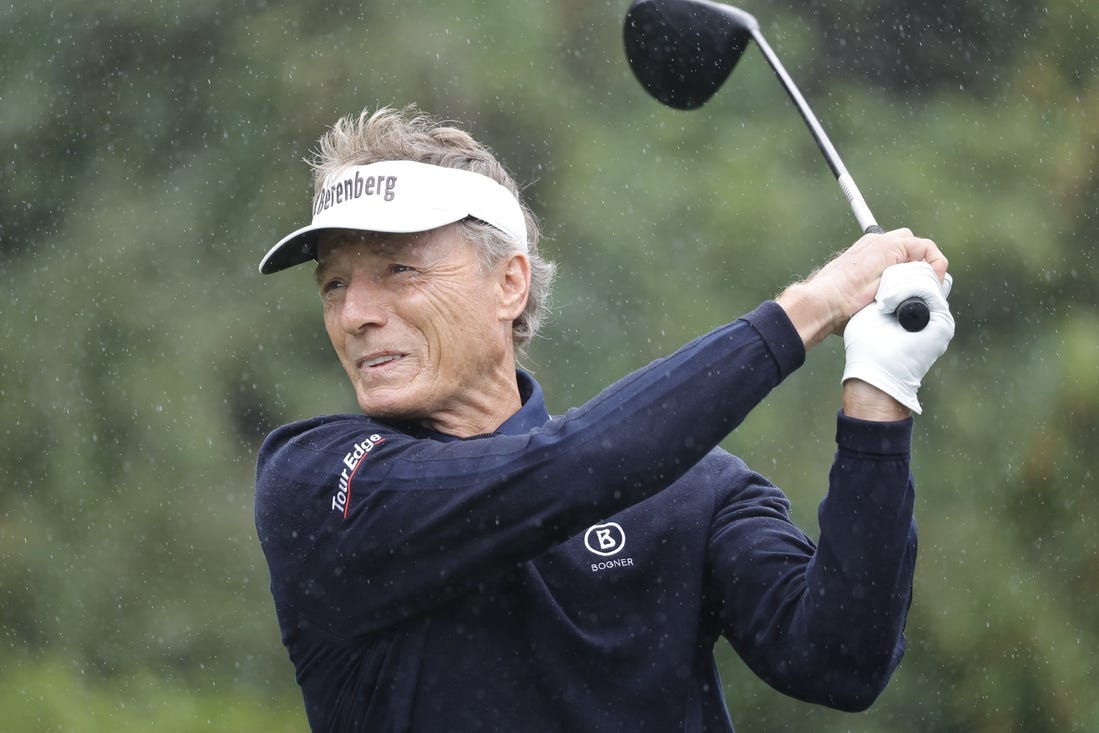 Dec 17, 2023; Orlando, Florida, USA;  Bernhard Langer plays his shot from the first tee during the PNC Championship at The Ritz-Carlton Golf Club. Mandatory Credit: Reinhold Matay-USA TODAY Sports