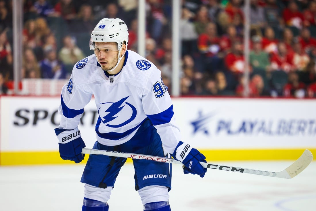 Dec 16, 2023; Calgary, Alberta, CAN; Tampa Bay Lightning defenseman Mikhail Sergachev (98) during the face off against the Calgary Flames during the third period at Scotiabank Saddledome. Mandatory Credit: Sergei Belski-USA TODAY Sports