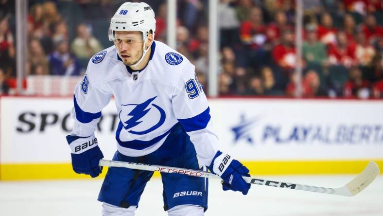 Dec 16, 2023; Calgary, Alberta, CAN; Tampa Bay Lightning defenseman Mikhail Sergachev (98) during the face off against the Calgary Flames during the third period at Scotiabank Saddledome. Mandatory Credit: Sergei Belski-USA TODAY Sports