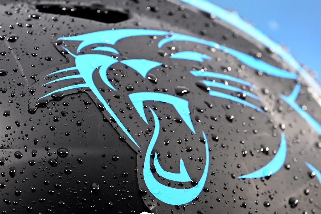 Dec 17, 2023; Charlotte, North Carolina, USA;  Carolina Panthers helmet on the sidelines in the first quarter at Bank of America Stadium. Mandatory Credit: Bob Donnan-USA TODAY Sports