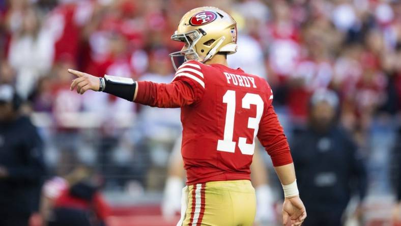 San Francisco 49ers' Brock Purdy (13) is set to become the third-youngest quarterback to start a Super Bowl. Mandatory Credit: Mark J. Rebilas-USA TODAY Sports