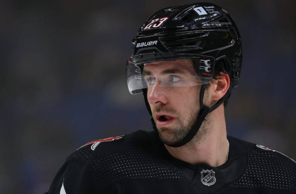 Dec 19, 2023; Buffalo, New York, USA;  Buffalo Sabres defenseman Mattias Samuelsson (23) during a stoppage in play against the Columbus Blue Jackets during the first period at KeyBank Center. Mandatory Credit: Timothy T. Ludwig-USA TODAY Sports