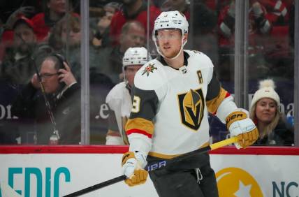 Dec 19, 2023; Raleigh, North Carolina, USA; Vegas Golden Knights center Jack Eichel (9) watches the play against the Carolina Hurricanes during the third period at PNC Arena. Mandatory Credit: James Guillory-USA TODAY Sports