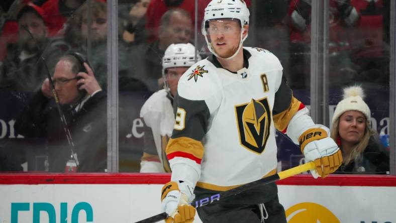 Dec 19, 2023; Raleigh, North Carolina, USA; Vegas Golden Knights center Jack Eichel (9) watches the play against the Carolina Hurricanes during the third period at PNC Arena. Mandatory Credit: James Guillory-USA TODAY Sports