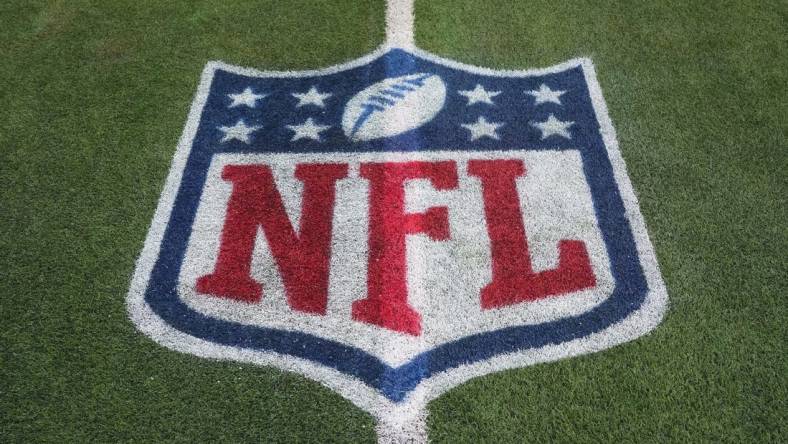 Dec 21, 2023; Inglewood, California, USA; The NFL shield lgo on the field at SoFi Stadium. Mandatory Credit: Kirby Lee-USA TODAY Sports