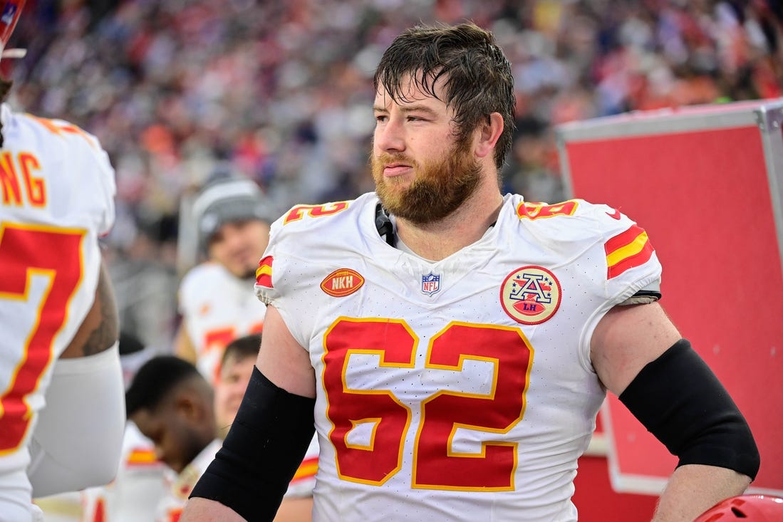 Dec 17, 2023; Foxborough, Massachusetts, USA; Kansas City Chiefs guard Joe Thuney (62) stands in the bench area during the second half against the New England Patriots at Gillette Stadium. Mandatory Credit: Eric Canha-USA TODAY Sports