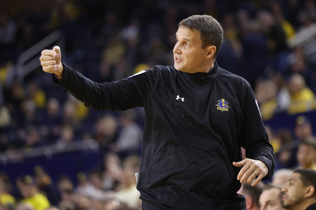 Dec 29, 2023; Ann Arbor, Michigan, USA;  McNeese State Cowboys head coach Will Wade coaches during the first half against the Michigan Wolverines at Crisler Center. Mandatory Credit: Rick Osentoski-USA TODAY Sports