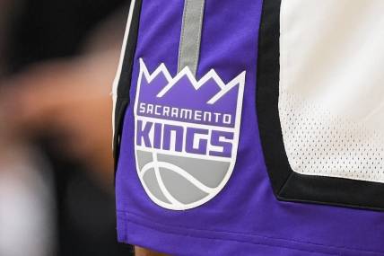 Dec 29, 2023; Atlanta, Georgia, USA; The Sacramento Kings logo on the shorts of forward Domantas Sabonis (10) during the game against the Atlanta Hawks during the second half at State Farm Arena. Mandatory Credit: Dale Zanine-USA TODAY Sports