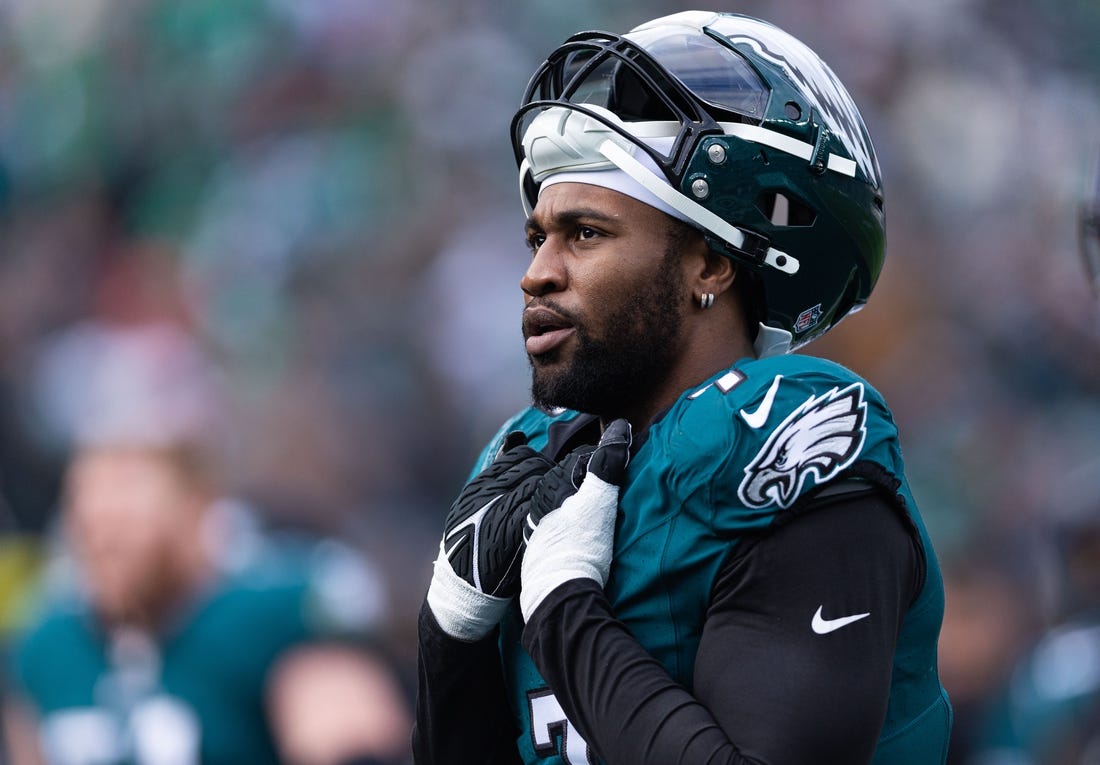 Dec 31, 2023; Philadelphia, Pennsylvania, USA; Philadelphia Eagles linebacker Haason Reddick (7) looks on during the second quarter against the Arizona Cardinals at Lincoln Financial Field. Mandatory Credit: Bill Streicher-USA TODAY Sports