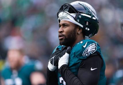 Dec 31, 2023; Philadelphia, Pennsylvania, USA; Philadelphia Eagles linebacker Haason Reddick (7) looks on during the second quarter against the Arizona Cardinals at Lincoln Financial Field. Mandatory Credit: Bill Streicher-USA TODAY Sports