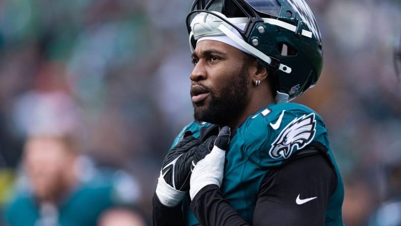 Dec 31, 2023; Philadelphia, Pennsylvania, USA; Philadelphia Eagles linebacker Haason Reddick (7) looks on during the second quarter against the Arizona Cardinals at Lincoln Financial Field. Mandatory Credit: Bill Streicher-USA TODAY Sports